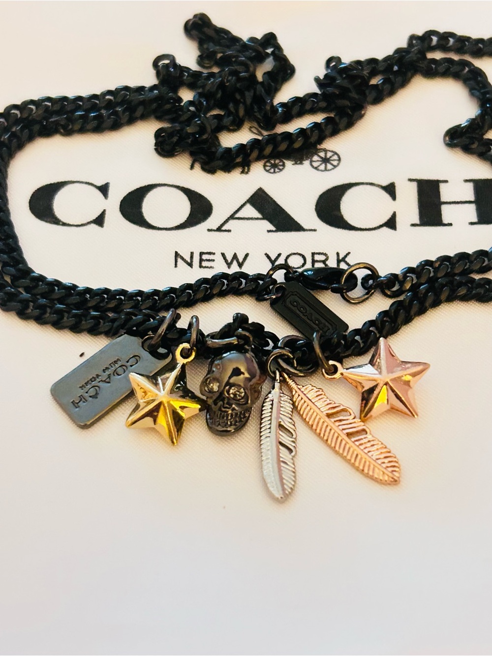 EXTREMELY RARE Coach Black Chain Necklace with Skull, Feather, Star Charms